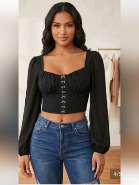 #36 Shein Black Peasant  Sweetheart Long Sleeve Black Top, Med